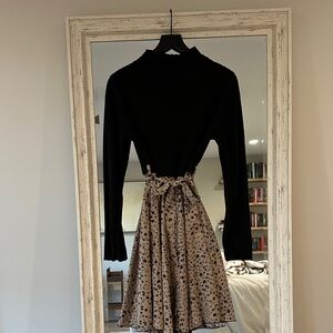 Elegant Black and Tan Floral Long Sleeve Dress